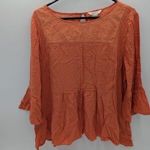 Sundance Eyelet Swiss Dot Peplum Blouse Boho XL Orange Prairie Bell Sleeve Flowy